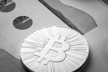 Bitcoin coin. Cryptocurrency concept. Virtual currency background, macro view, balck and white