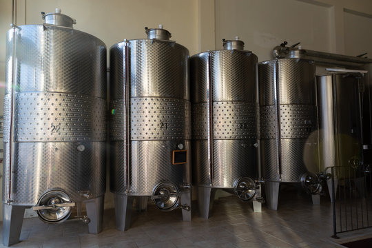 Modern bio wine production factory in Italy, inox steel tanks used for fermentation of wine grapes