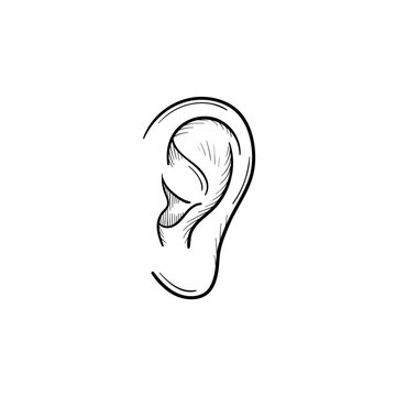 Human ear hand drawn outline doodle icon. Human ear as a concept of listening and hearing vector sketch illustration for print, web, mobile and infographics isolated on white background.