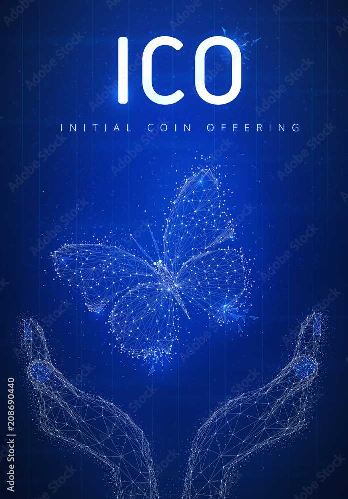 Poster ico initial coin offering on futuristic hud background with glowing polygon butterfly, hands, blockc