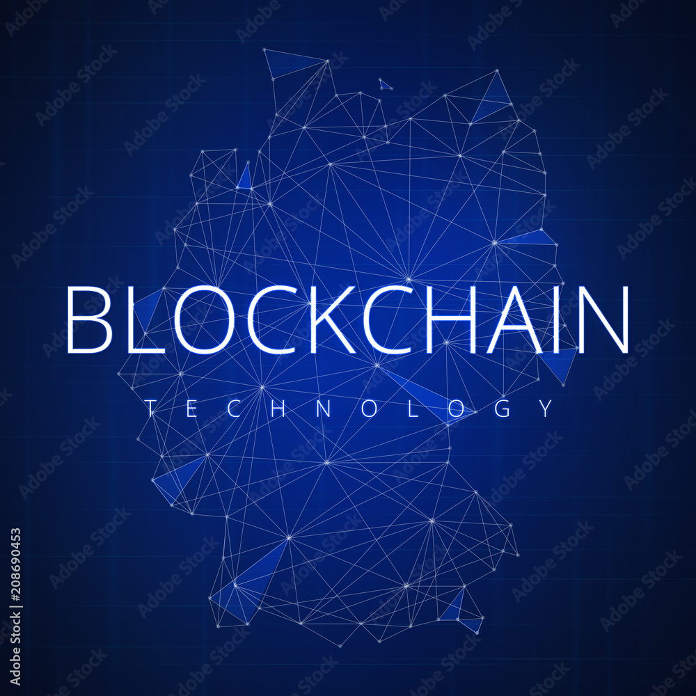 Poster blockchain technology wording on futuristic hud background with polygon germany map and blockchain p