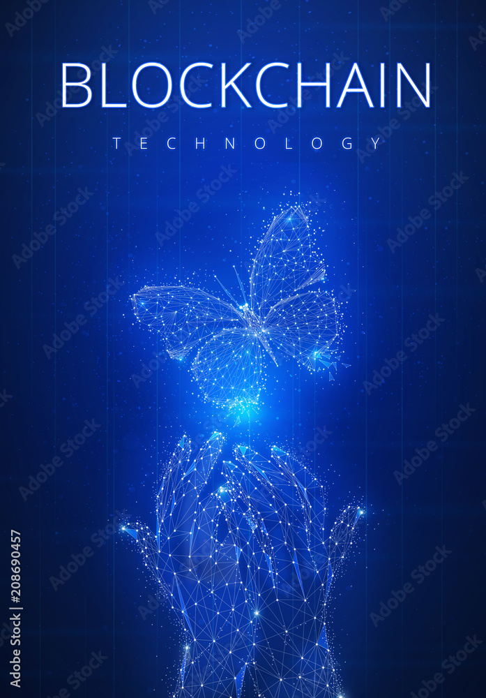 Poster blockchain technology futuristic hud background with glowing polygon butterfly, hands, blockchain pe