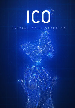 ICO initial coin offering on futuristic hud background with glowing polygon butterfly, hands, blockchain peer to peer network and title ICO. Global cryptocurrency business concept. Low poly design.