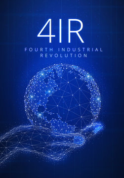 Fourth industrial revolution futuristic hud background with glowing polygon world globe in a hand, blockchain peer to peer network and title 4IR. Global cryptocurrency business finance banner concept.