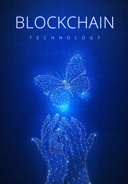 Blockchain technology futuristic hud background with glowing polygon butterfly, hands, blockchain peer to peer network and title blockchain. Global cryptocurrency business and finance concept.