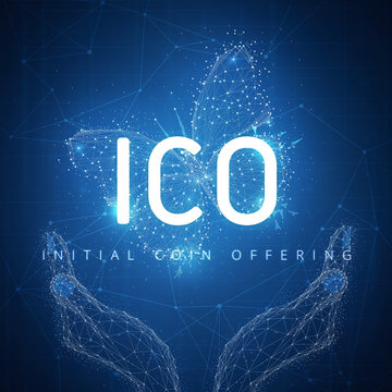 ICO initial coin offering on futuristic hud background with glowing polygon butterfly, hands and blockchain peer to peer network. Global cryptocurrency business and finance concept. Low poly design.