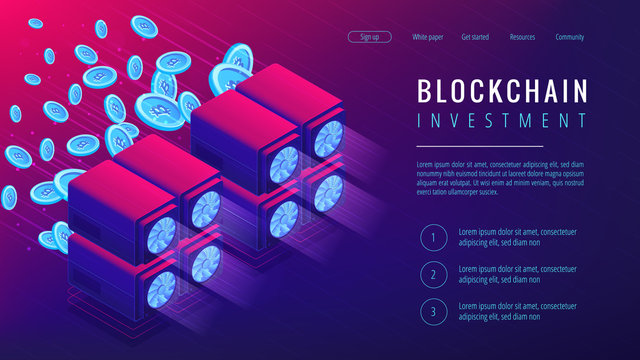 Isometric blockchain investment landing page concept. Dedicated servers with mined coins as global cryptocurrency economy in ultra violet. Cryptocurrency investment. Vector 3d isometric illustration.