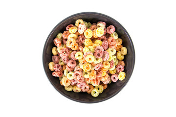 Closeup of Colorful cereal in bowl isolated on white background