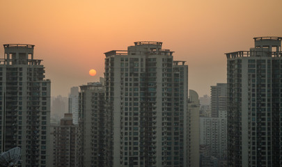 Fototapeta na wymiar Sunset in Shanghai with smog