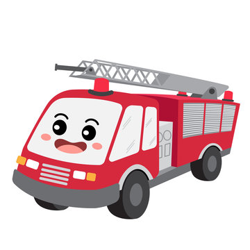 Fire Engine transportation cartoon character perspective view isolated on white background vector illustration.