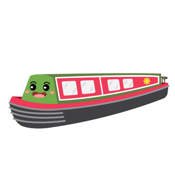 recommend clip art: Narrowboat transportation cartoon character perspective view isolated on white background vector illustration.