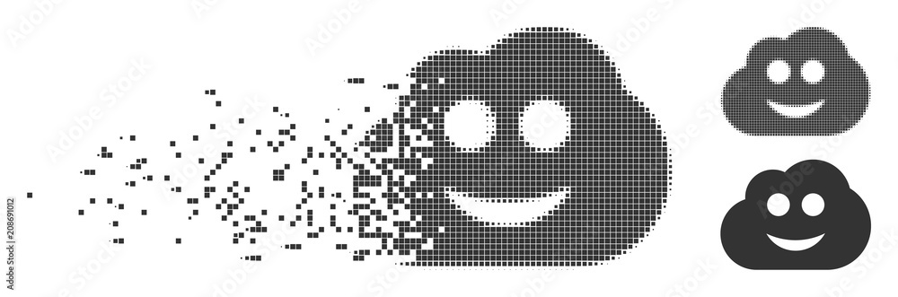 Poster gray vector cloud smiley icon in fractured, pixelated halftone and undamaged solid variants. rectang