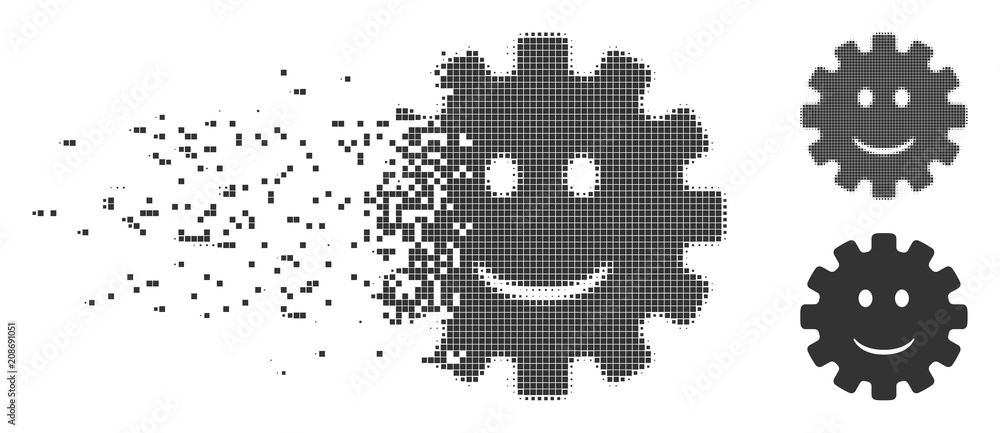 Poster gray vector gear smile smiley icon in fractured, dotted halftone and undamaged entire variants. rect