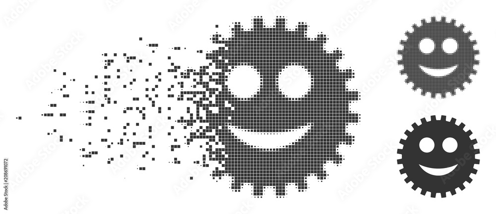 Poster gray vector gear smile smiley icon in fractured, dotted halftone and undamaged entire variants. rect