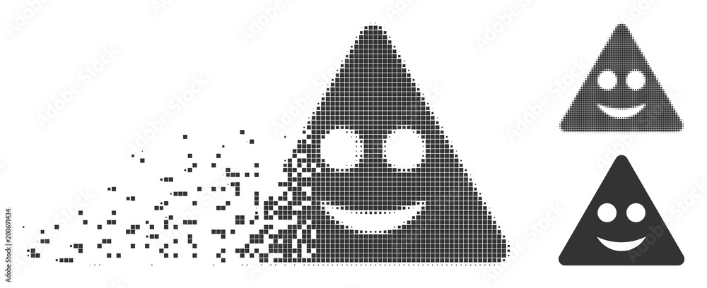 Poster gray vector triangle sign smile icon in dissolved, dotted halftone and undamaged whole variants. squ