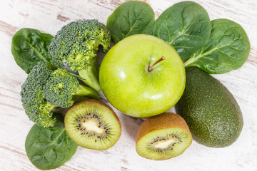 Fototapeta na wymiar Fruits and vegetables containing vitamin K, potassium, natural minerals and dietary fiber