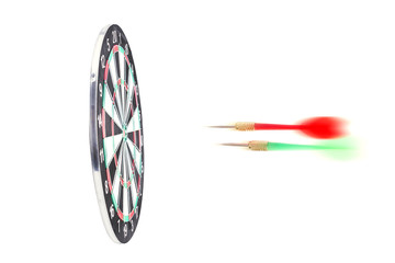 Red and green dart arrows flying to target dartboard. Metaphor to target success, winner concept.