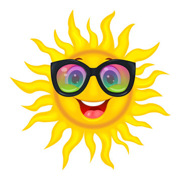 The sun in the rainbow glasses. A merry cartoon sun in protective glasses from the sun