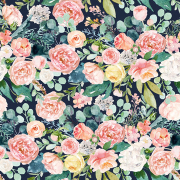 Seamless watercolor floral pattern with flowers and leaves composition on black background, perfect for wrappers, wallpapers, postcards, greeting cards, wedding invitations, romantic events, etc.
