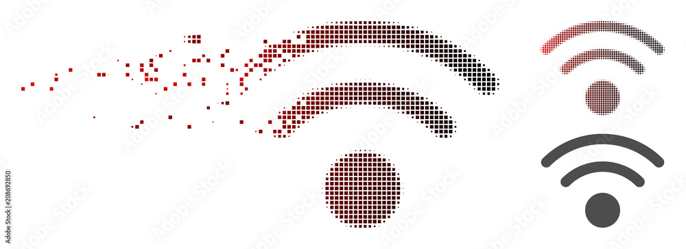 Poster vector wi-fi icon in fractured, pixelated halftone with red to black horizontal gradient and undamag