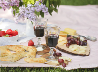 Summer picnic with cheese, flat bread, wine, fruits and bread. Picnic at the park.