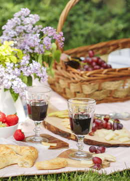 Summer picnic with cheese, flat bread, wine, fruits and bread. Picnic at the park.