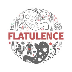 Flatulence banner. Symptoms, Treatment. Line icons. Vector signs for web graphics.