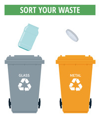 Vector illustration of metal and glass rubbish bins and a jar with a lid.