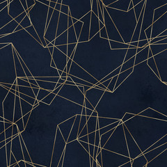 Motif géométrique sans couture sur fond marine. Formes géométriques polygonales dorées abstraites / cristaux, triangles de paillettes dorées, formes géométriques, losanges.