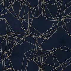 Behang Naadloze geometrische patroon op Marine achtergrond. Abstracte gouden veelhoekige geometrische vormen / kristallen, gouden glitter driehoeken, geometrische, diamantvormen. © Veris Studio