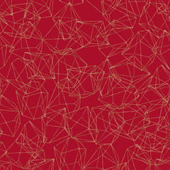 Seamless geometric pattern on red background. Abstract gold polygonal geometric shapes / crystals, golden glitter triangles, geometric, diamond shapes.
