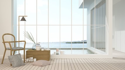 The interior minimal japanese hotel relax space and swimming pool 3d rendering - nature view background	