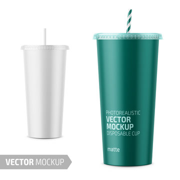 White Disposable Paper Cup With Lid And Straw.