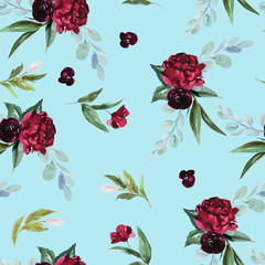 Flowers bouquet arrangement on blue background. Watercolor hand painted seamless pattern. Floral illustration. Fashion foliage. Peony, dahlia, rose, anemone, eucalyptus, olive, green leaves.
