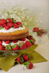 Homemade strawberry cake with cream on a glass stand.