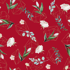 Flowers & leaves arrangement on red background. Watercolor hand painted geometric seamless pattern. Gold geometric shapes - crystals. Floral illustration. Fashion foliage. Branches with green leaves.