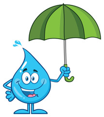 Happy Blue Water Drop Cartoon Mascot Character Holding An Umbrella. Vector Illustration Isolated On White Background