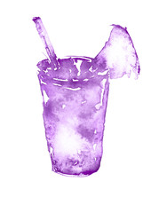 Watercolor drawing cocktail of fruits, watermelon, berry, mango, pineapple, mint leaves, ice. In a clear glass beaker. Silhouettes a drink in pink, purple on white background. 