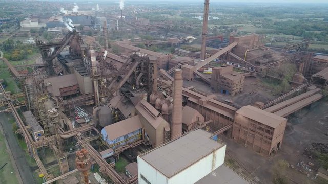 Drone shot of Smederevo steel producing factory, acquired by Chinese state owned conglomerate, political and economic influence in Serbia, Europe