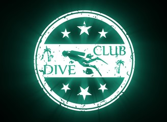 Silhouette of diver. Graphic design of stamp. The concept of sport diving. Neon bulb illumination. 3D rendering