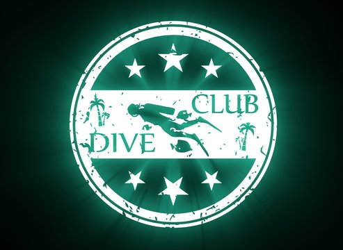 Silhouette of diver. Graphic design of stamp. The concept of sport diving. Neon bulb illumination. 3D rendering