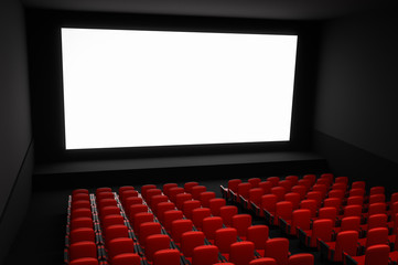 Cinema auditorium with white blank screen and red seats