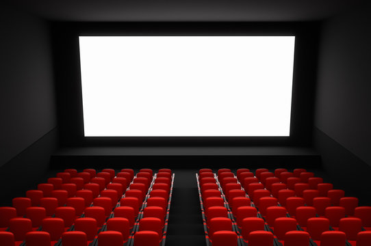 Cinema auditorium with white blank screen and red seats