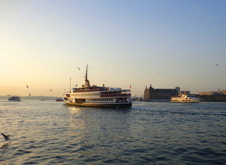 Passenger ferry arriving at Kadikoy port in ıstanbul , Bosphorus  view at