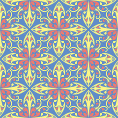 Blue seamless pattern with floral design. Colored background with red yellow flower elements