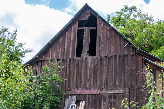 An old barn with a peaked rood stands with trees on its side and back. Missing planks of wood are missing in the upper front. A blue sky and clouds are in the background.