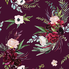 Watercolor seamless pattern. Floral illustration - burgundy, pink, blush flowers bouquets on burgundy / maroon background. Wedding stationary, greetings, wallpapers, fashion, background.