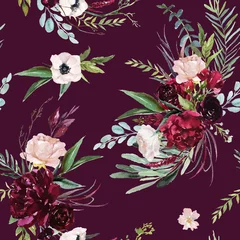 Acrylic prints Bordeaux Watercolor seamless pattern. Floral illustration - burgundy, pink, blush flowers bouquets on burgundy / maroon background. Wedding stationary, greetings, wallpapers, fashion, background.