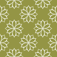 White floral seamless pattern on olive green background