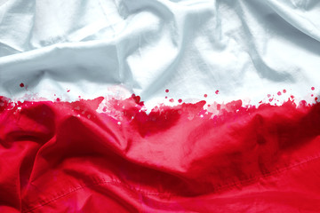 Flag Republic of Poland by watercolor paint brush on canvas fabric, grunge style